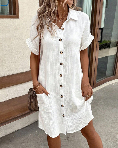 Solid short sleeve pocket button shirt dress