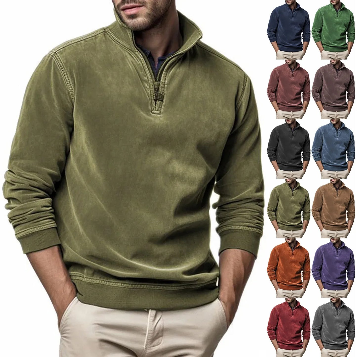 Herren Sweatshirt Quarter Zip Cargo Pullover Stehkragenpullover