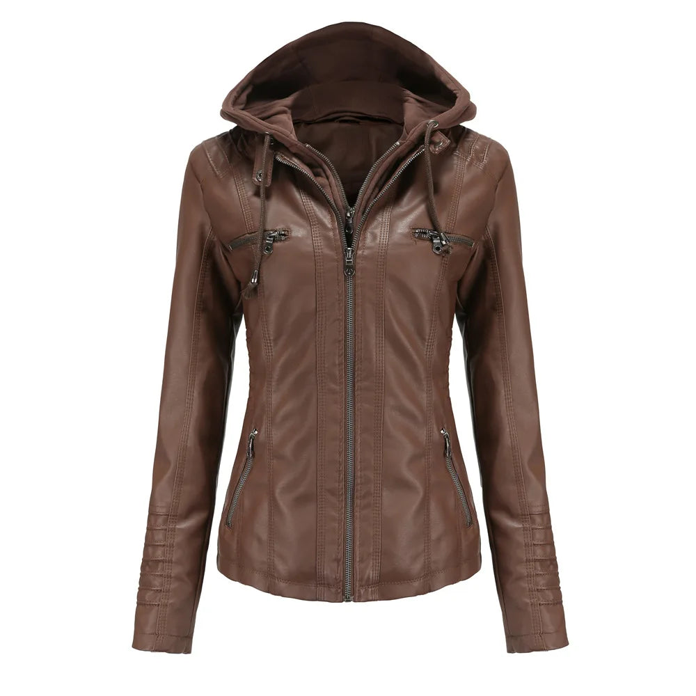 Plus Size Women's Hooded Removable Leather Jacket