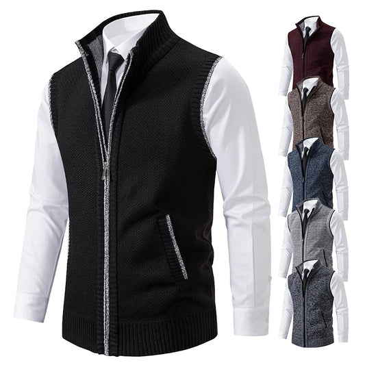 Men's Heart Knit Zipper Vest with Velvet Collar