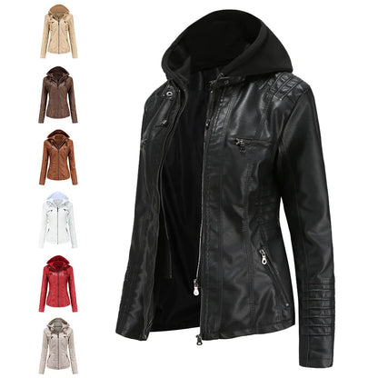 Plus Size Women's Hooded Removable Leather Jacket