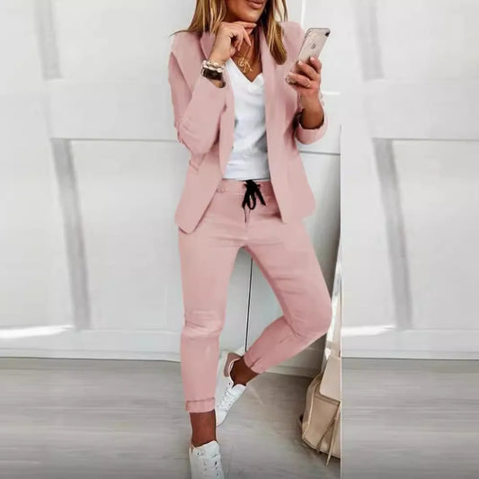 Women's Solid Color Jacket & Straight-Leg Pants Suit Set