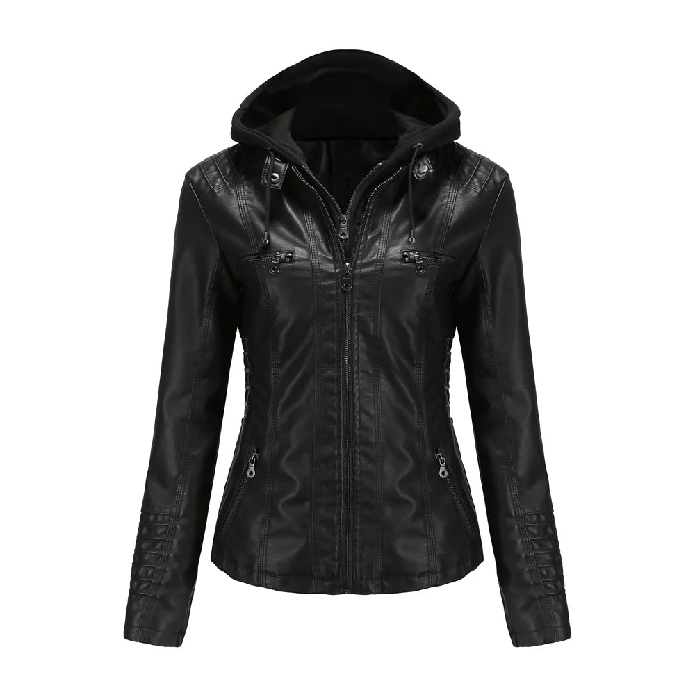 Plus Size Women's Hooded Removable Leather Jacket