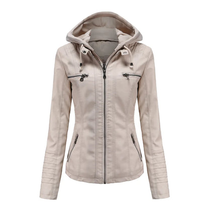 Plus Size Women's Hooded Removable Leather Jacket