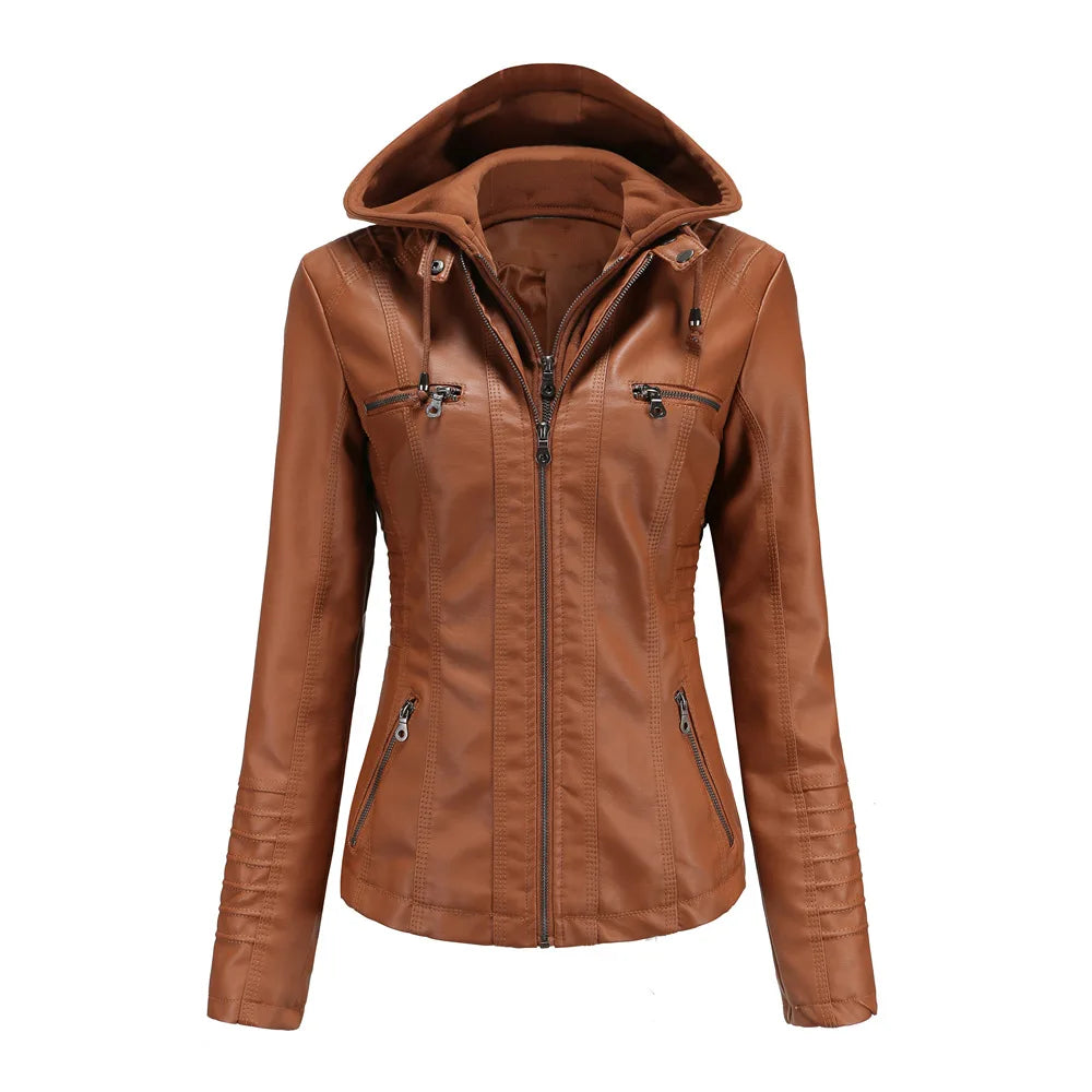 Plus Size Women's Hooded Removable Leather Jacket