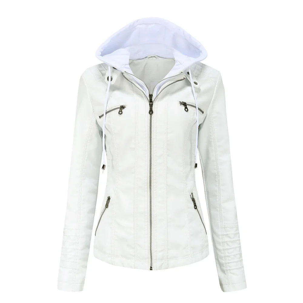 Plus Size Women's Hooded Removable Leather Jacket