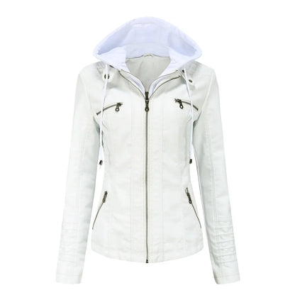 Plus Size Women's Hooded Removable Leather Jacket