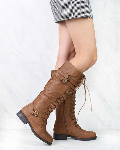 Tall Lace Up Combat Boots in Tan