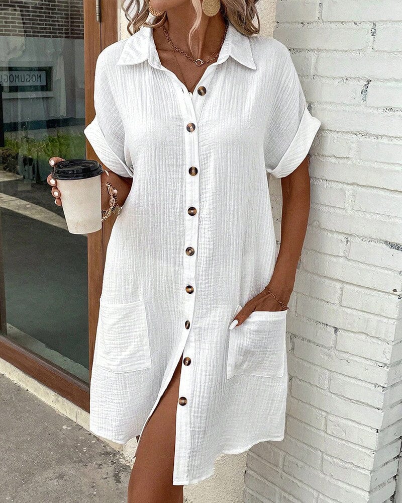 Solid short sleeve pocket button shirt dress